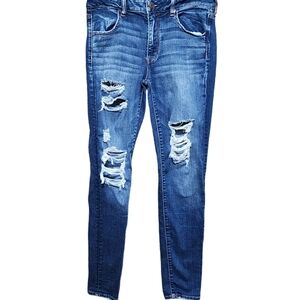 American Eagle Jegging Size 12 Long Super Stretch X Blue Distressed AEO